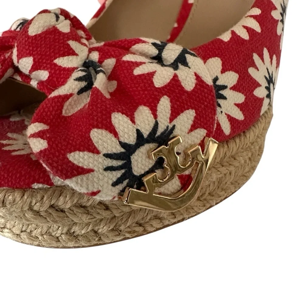 Tory Burch Dory Espadrille Wedge Red Floral Peep Toe Bow 6.5